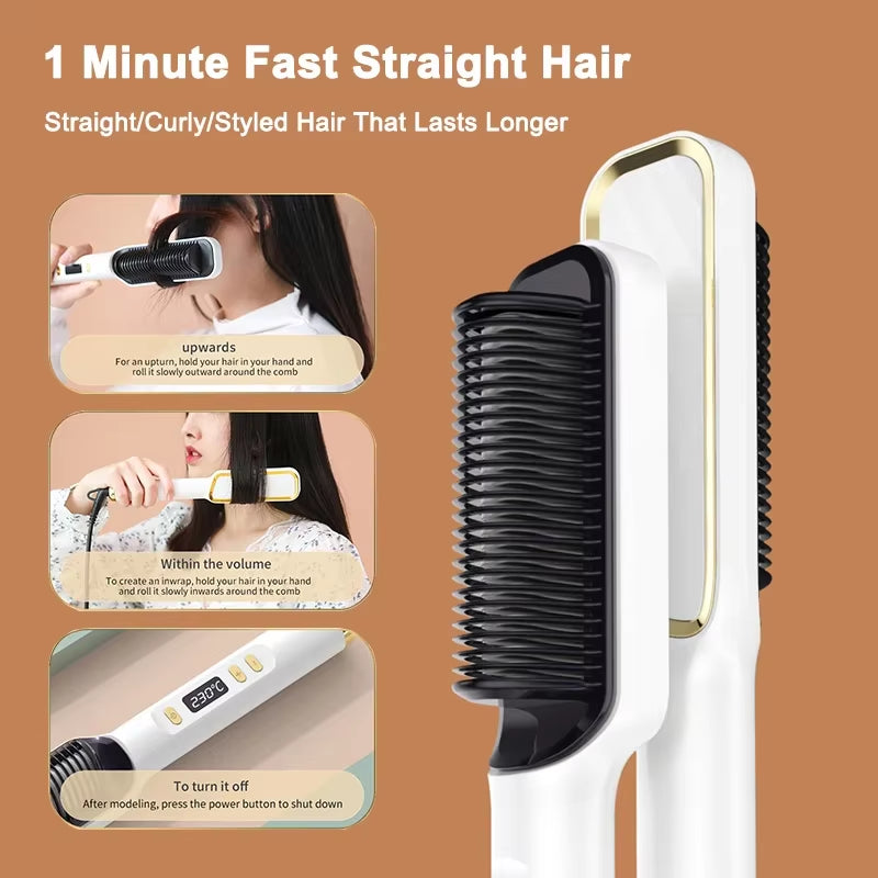 Electric Heating Straight Comb Double Use LCD Electric Hair Straightener Curler Anti-Scalding Styling Tool Straightening Brush